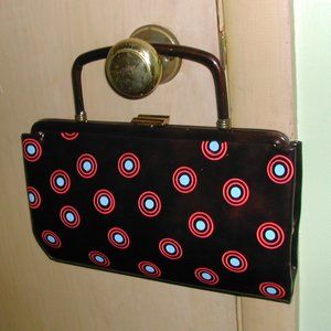 Vintage Brown Patent Leather Handbag/Clutch with Hand Painted Circles